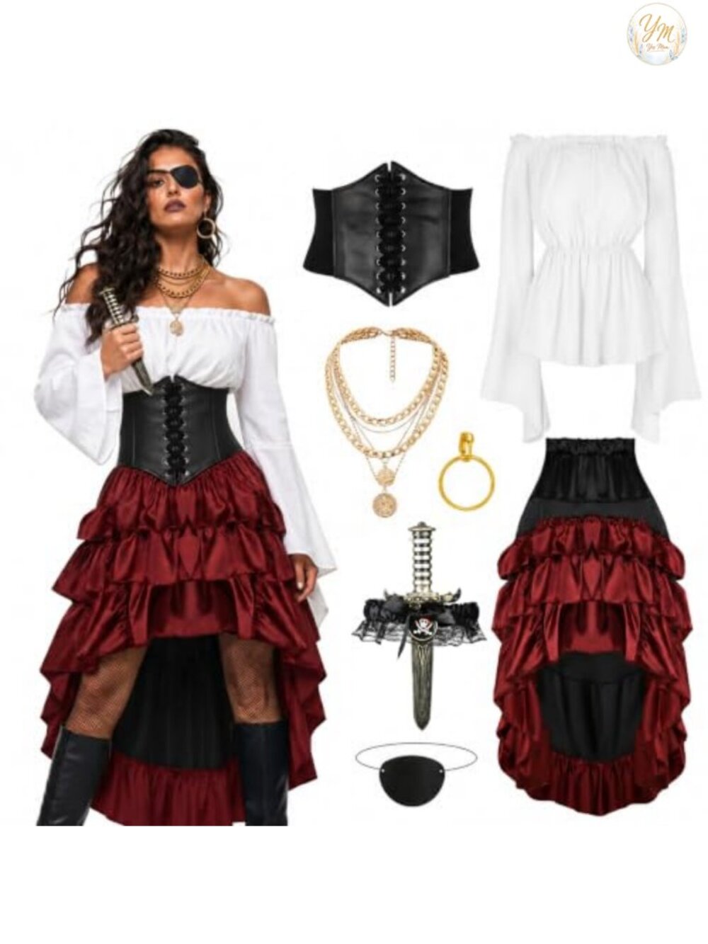 Renaissance Pirate Costume Set Corset Skirt Blouse Necklace Halloween Cosplay
